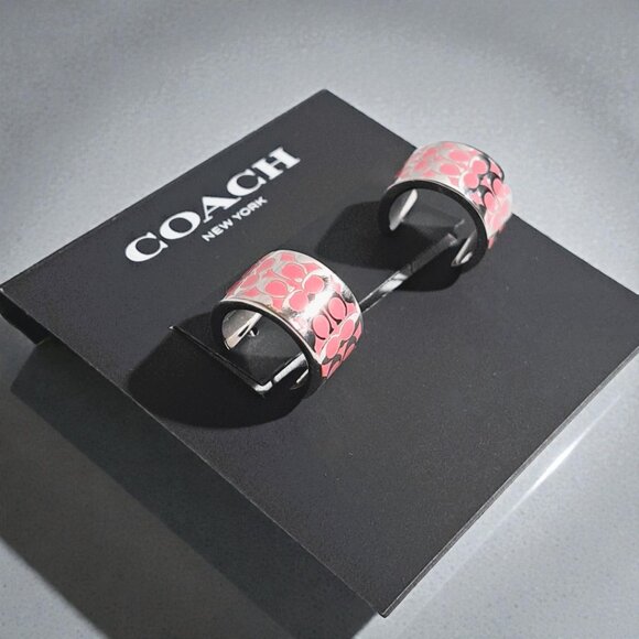 Coach Signature Enamel Huggie Earrings in Silver & Pink NWT - Picture 3 of 14